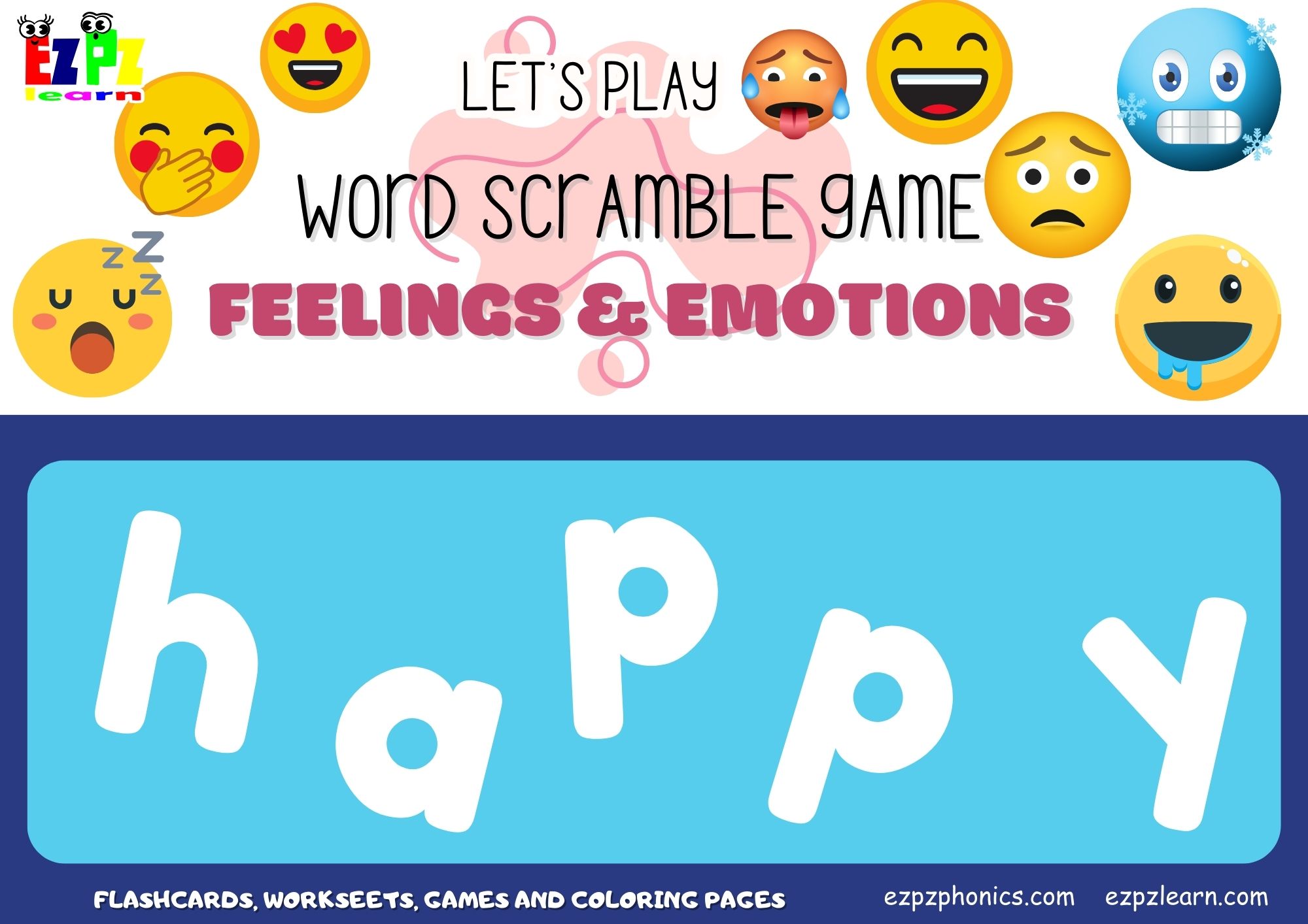 Feelings and Emotions Vocabulary Word Scramble Guessing Game. Great for kids and English language learners.